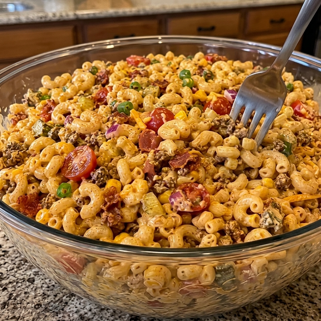 Cowboy Macaroni Salad with Turkey Bacon and Chicken Ham Bliss