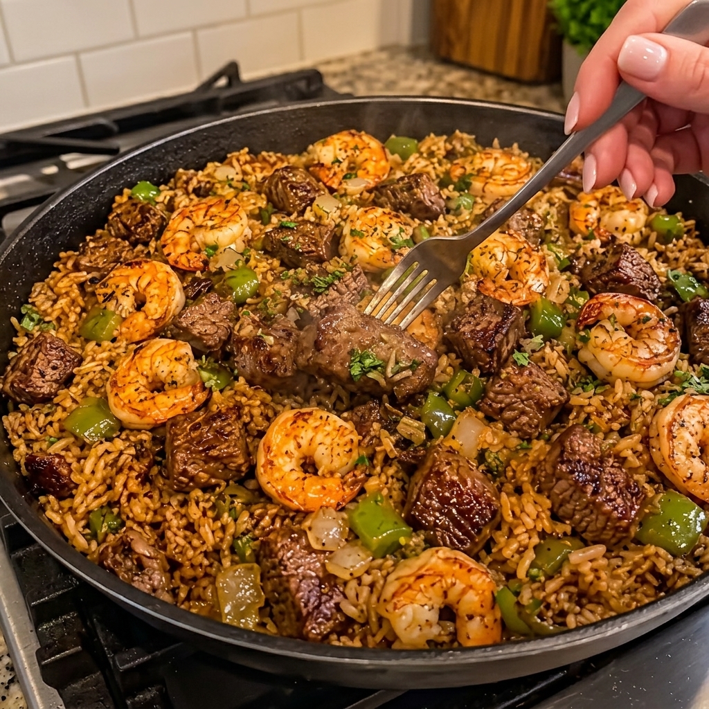 Southern Garlic Butter Shrimp and Steak: Indulgent Rice Skillet Delight