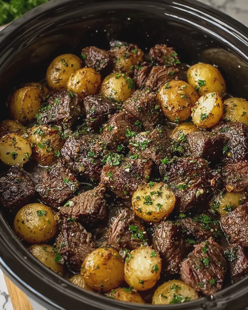 Crockpot Garlic Butter Steak Bites with Baby Potatoes Made Easy