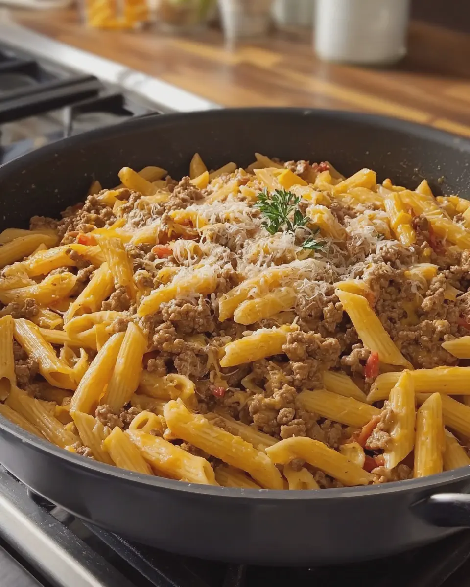 Cheesy Parmesan Cheddar Ground Beef Penne That’s Simply Irresistible