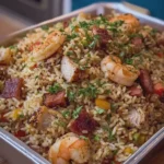 Seafood Dirty Rice with Turkey Bacon and Chicken Ham