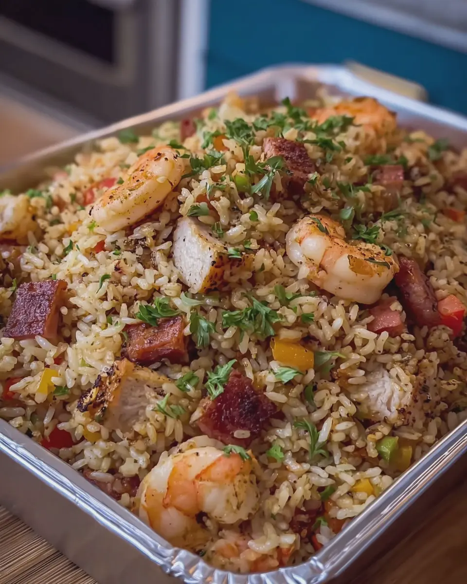 Seafood Dirty Rice: Indulgent Turkey Bacon and Chicken Ham Delight