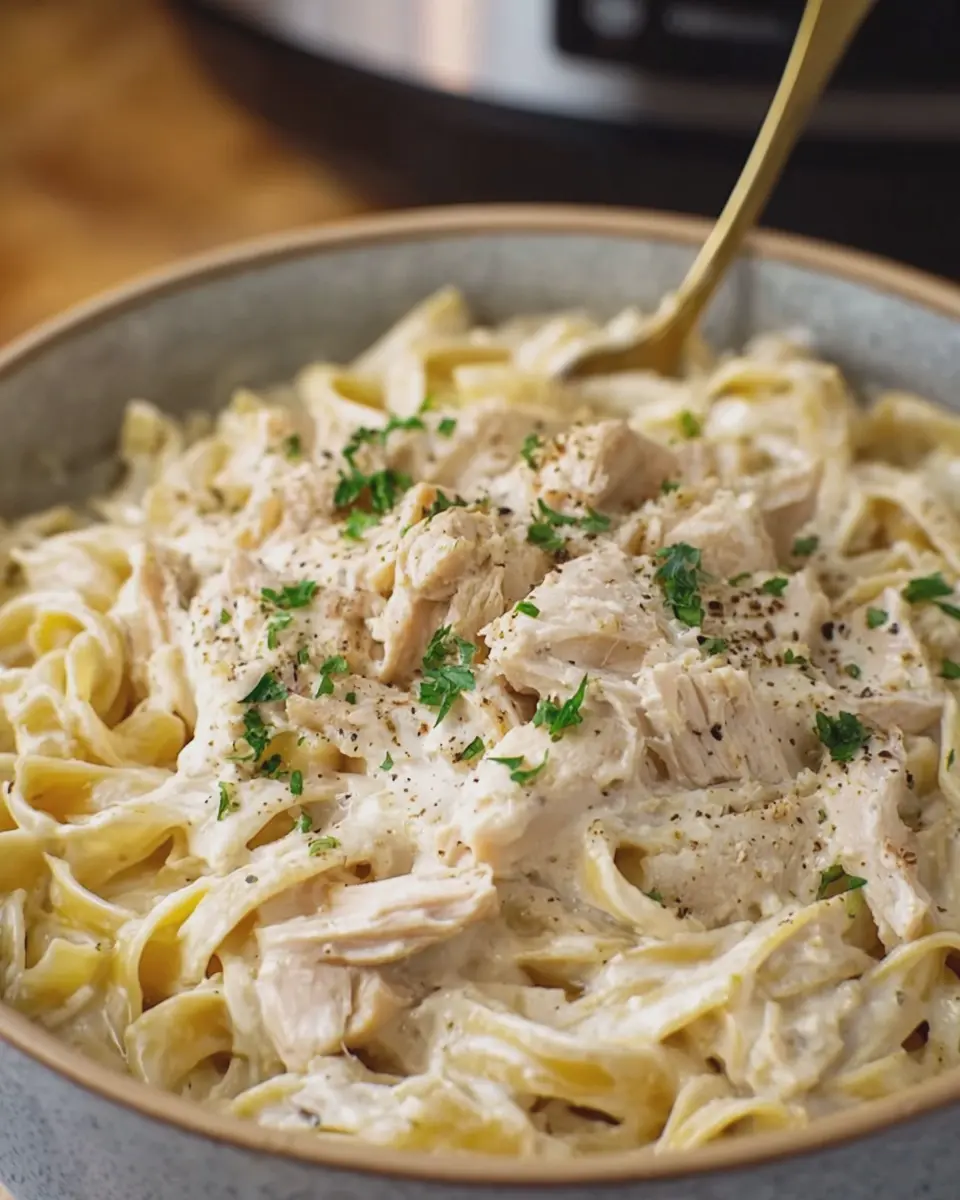 Slow Cooker Creamy Garlic Parmesan Chicken and Noodles Delight
