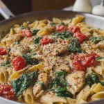 Creamy Garlic Chicken Pasta with Tomato and Spinach