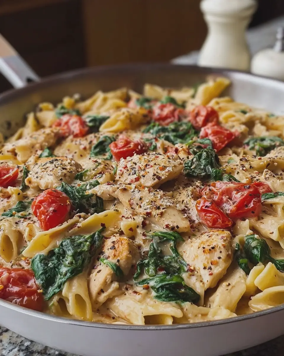 Creamy Garlic Chicken Pasta: Indulgent Recipe with Tomato &amp; Spinach
