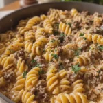 Ground Beef Rotini in Creamy Italian Cheese Sauce