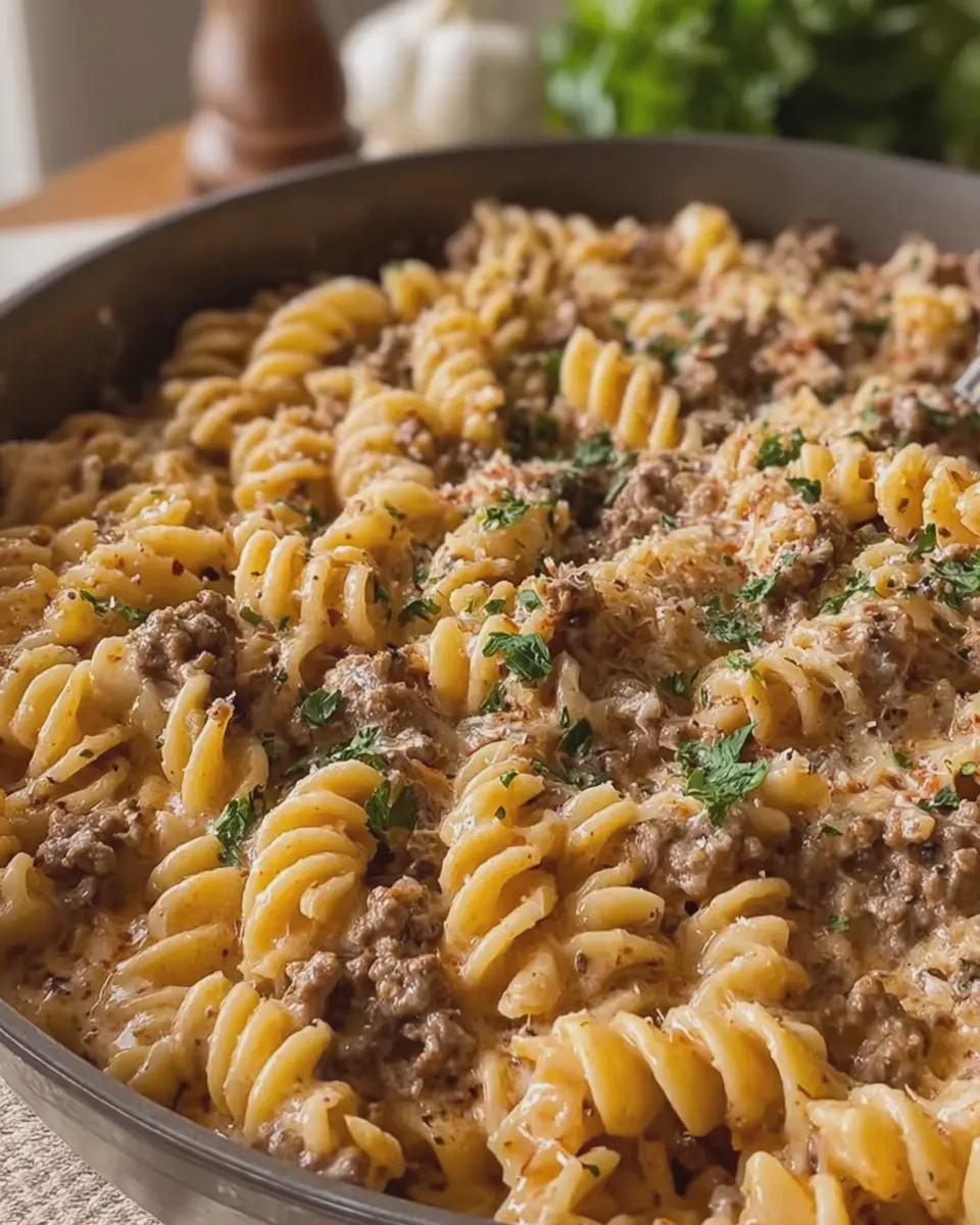 Ground Beef Rotini in Creamy Italian Cheese Sauce Delight
