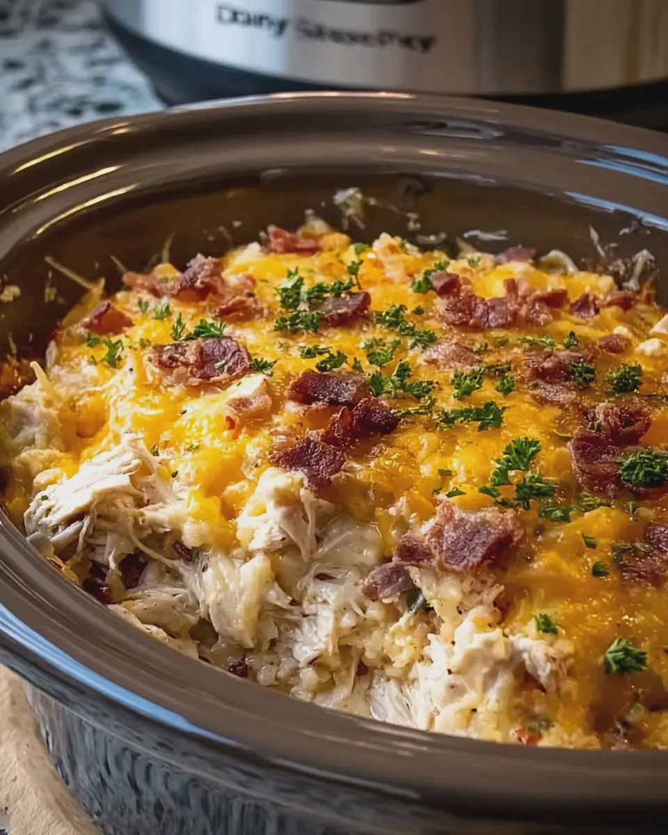 Crockpot Million Dollar Cheesy Chicken Casserole with Turkey Bacon