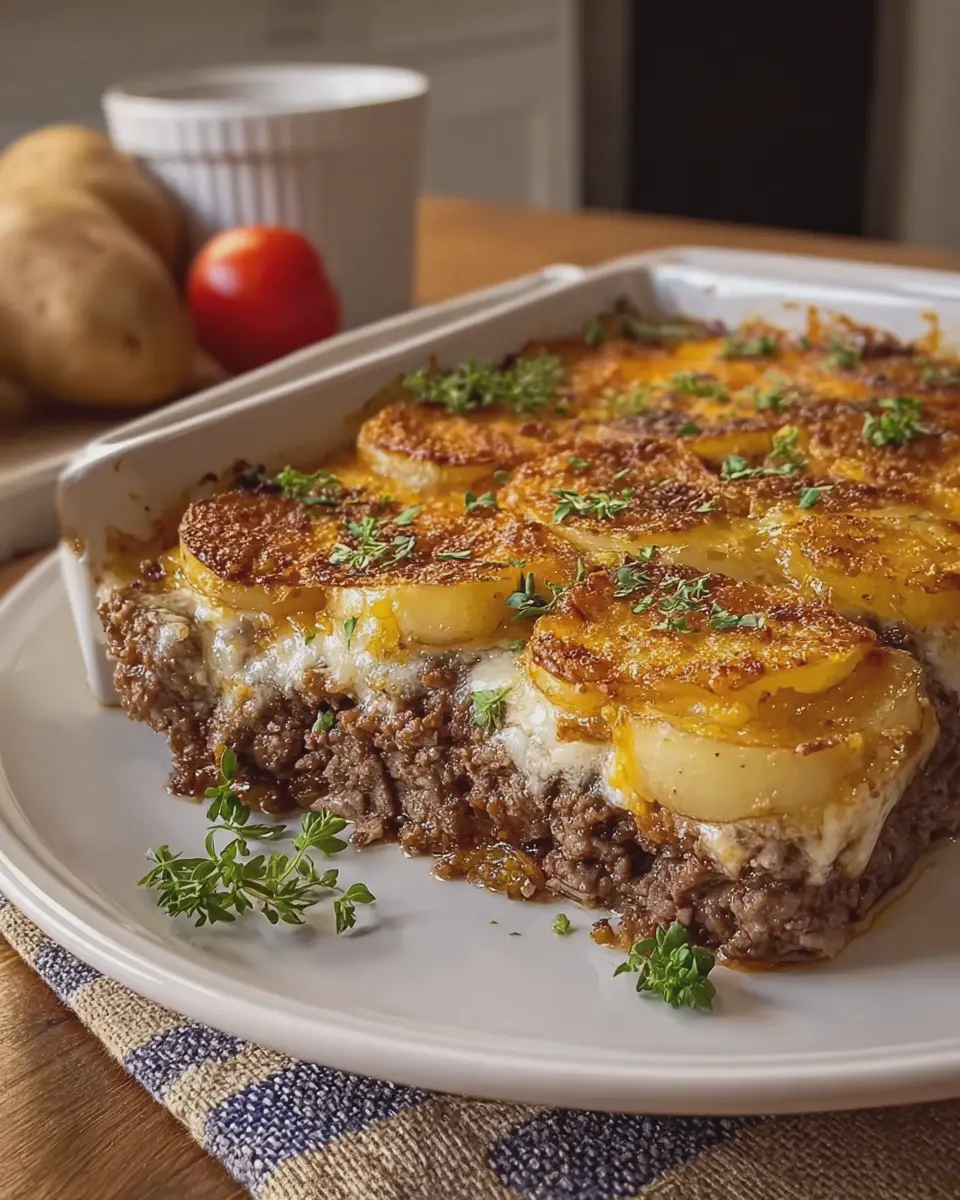 Old Fashioned Hamburger Steak Potato Bake with Turkey Bacon Delight