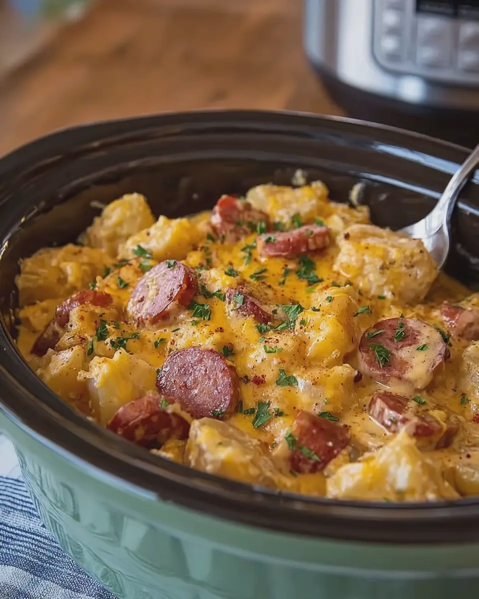 Crockpot Cheesy Potatoes: Indulgent Beef Kielbasa Family Dinner