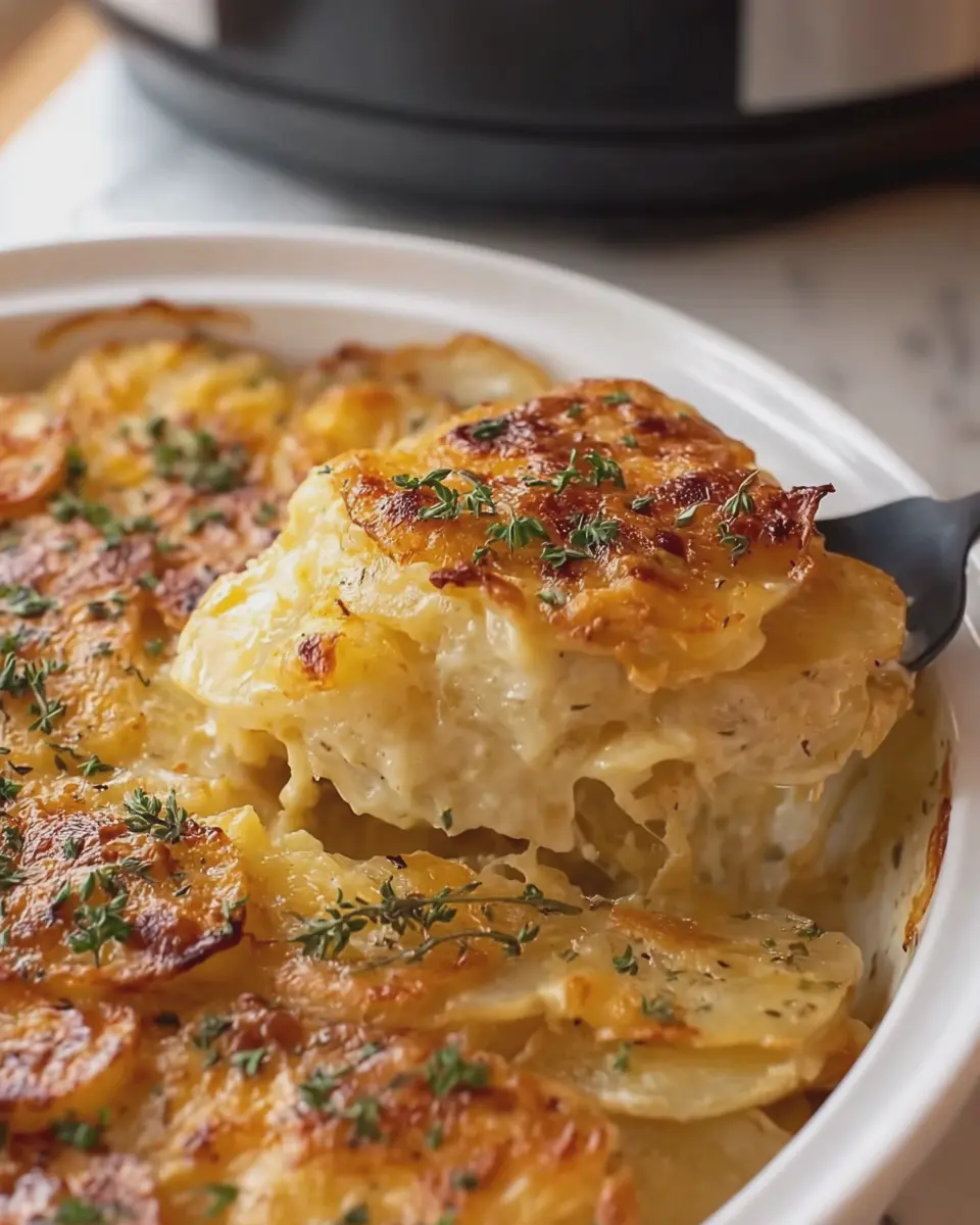 Slow Cooker Cheesy Scalloped Potatoes with Turkey Bacon Delight
