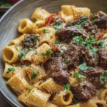 Luxurious Beef Pasta in a Creamy Garlic Sauce