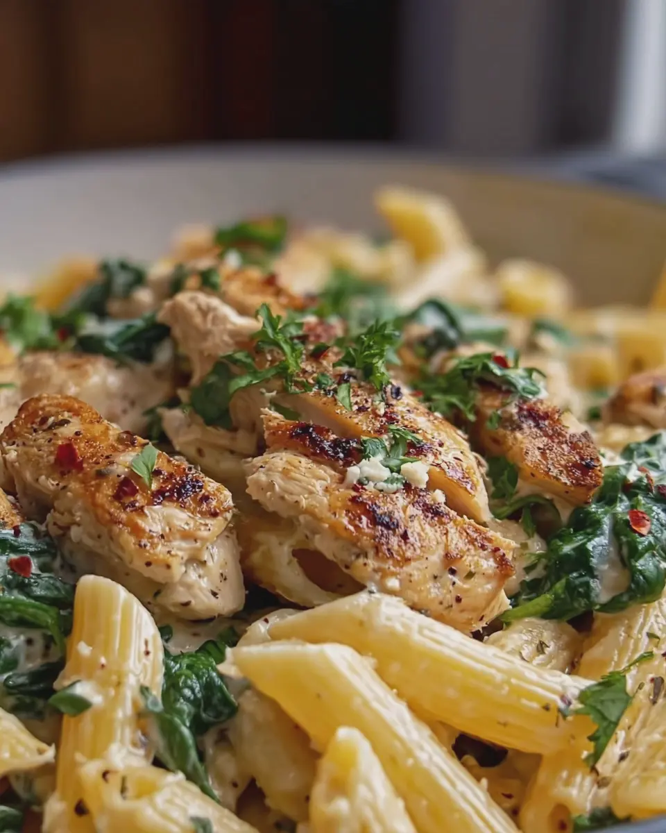 Creamy Garlic Chicken Penne: Easy Spinach Delight with Turkey Bacon