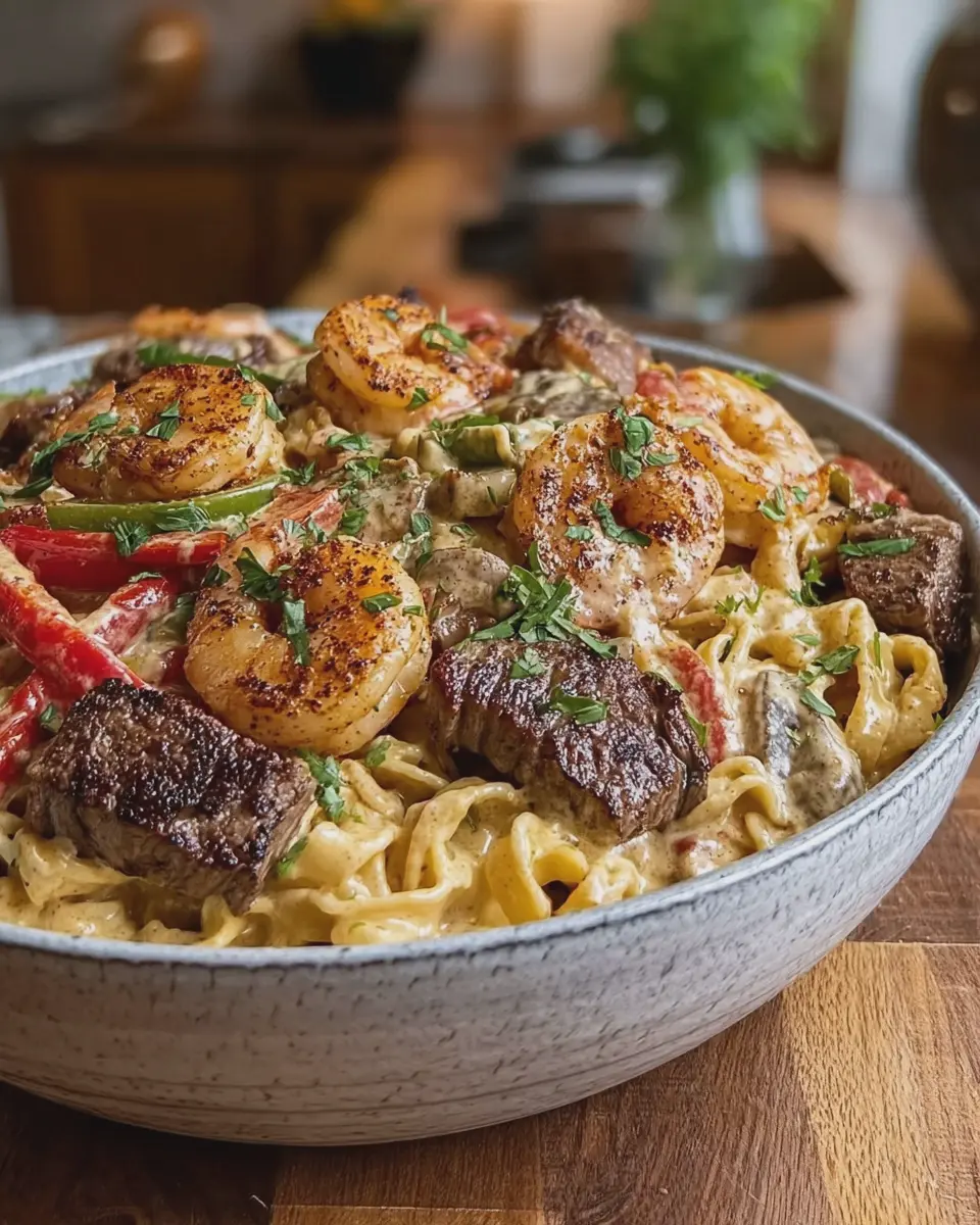 Creamy Cajun Shrimp and Steak Pasta Bowl: A Savory Indulgence