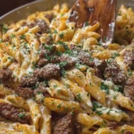 Garlic Butter Beef Penne in Creamy Three Cheese Sauce