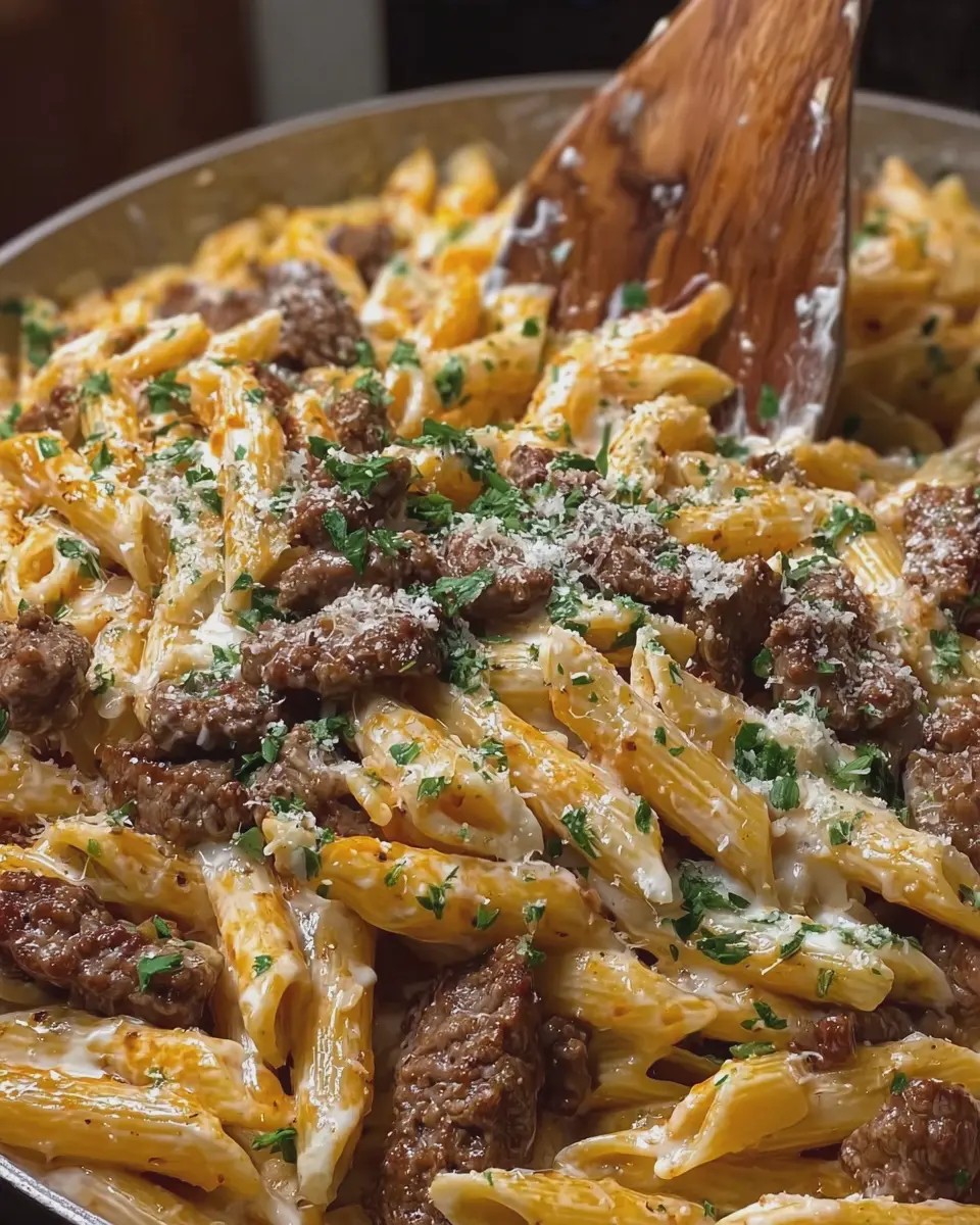 Garlic Butter Beef Penne in Creamy Three Cheese Sauce Delight