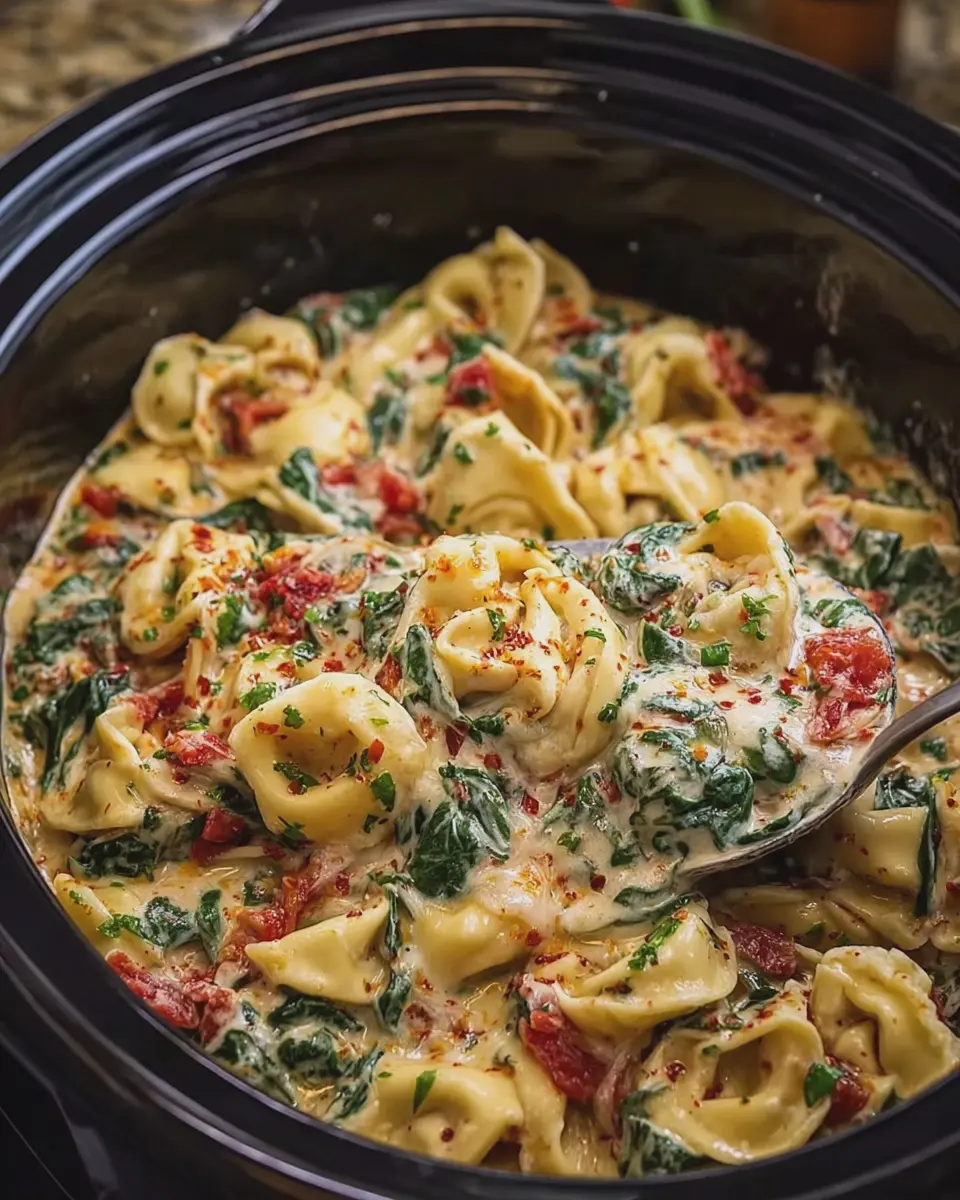Crockpot Creamy Tortellini Pasta with Turkey Bacon and Chicken Ham