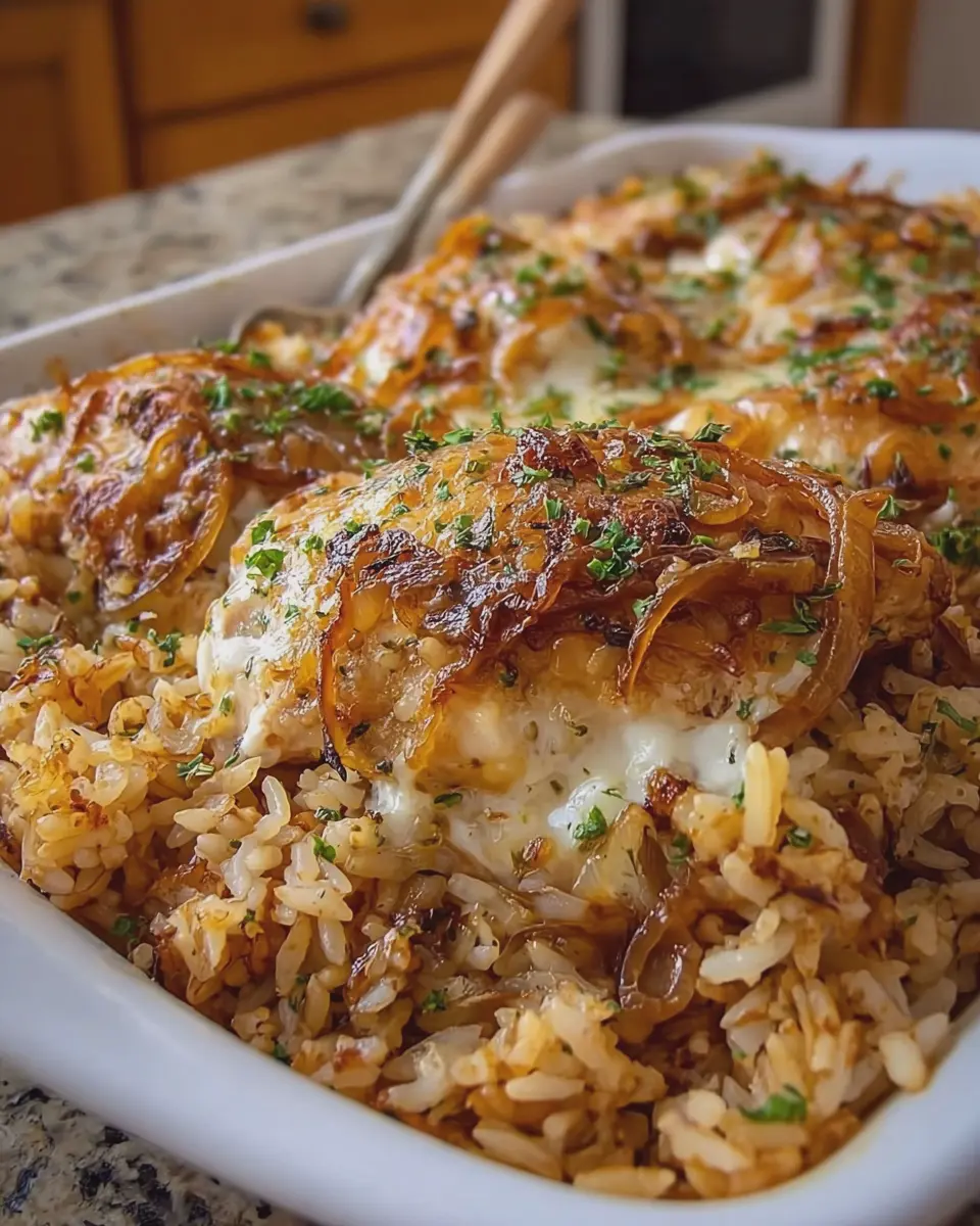 French Onion Chicken and Rice Bake with Turkey Bacon Twist