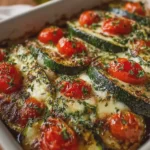 Mediterranean Baked Zucchini with Mozzarella, Cherry Tomatoes and Garlic Herbs