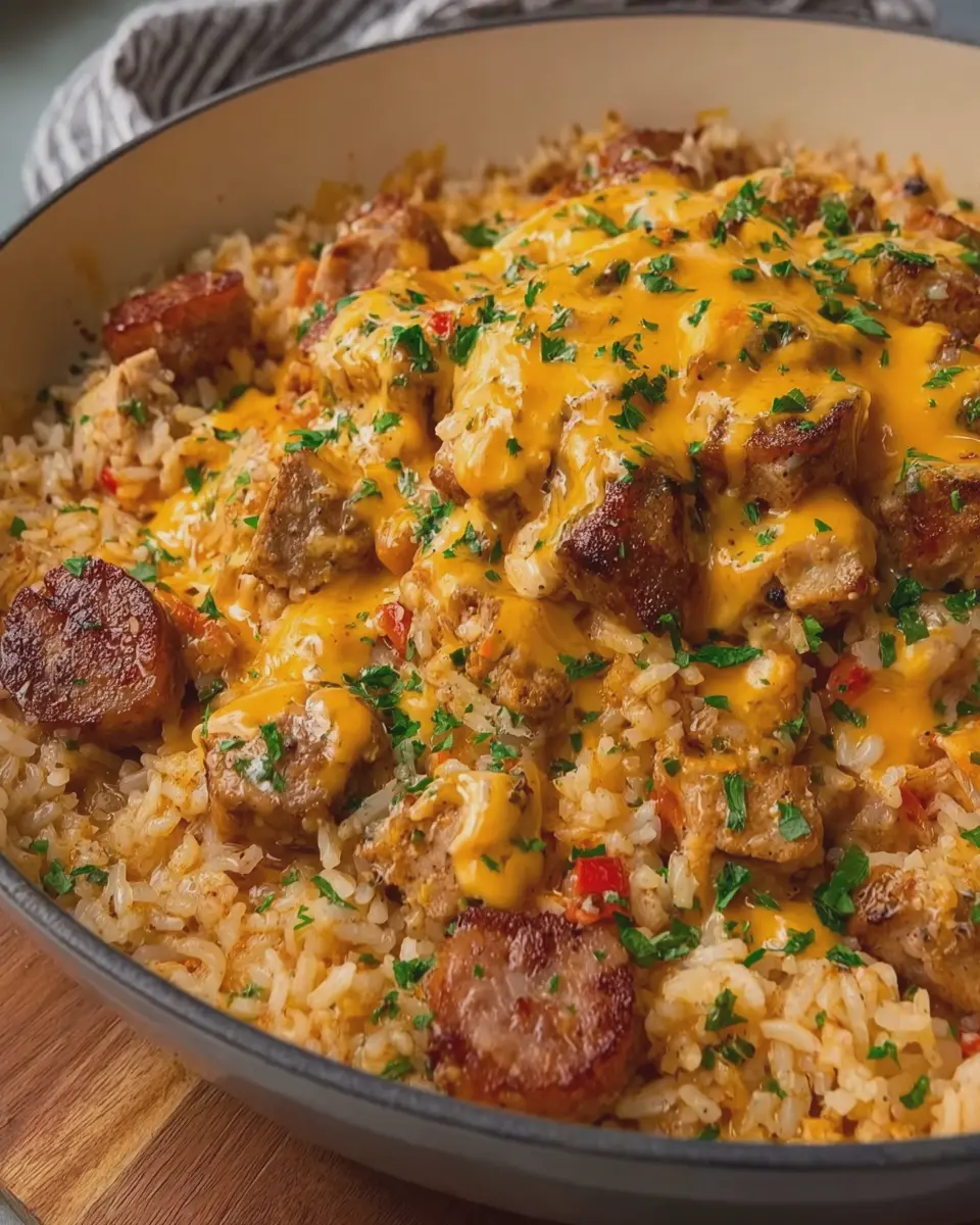 Creamy Cajun Chicken and Beef Sausage Rice with Cheddar Delight