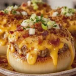 Loaded Turkey Bacon Mac Cheeseburger Stuffed Onion Bombs