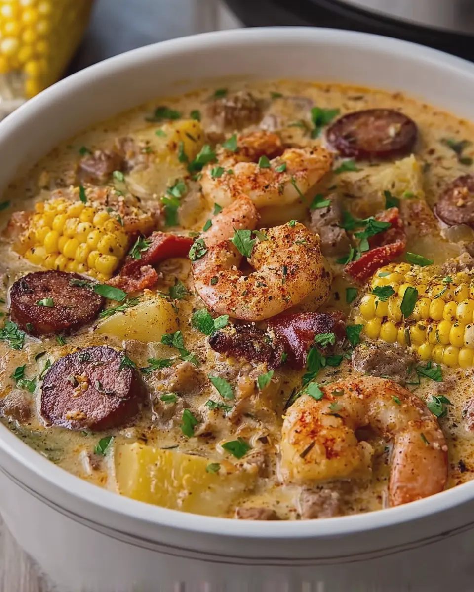 Creamy Cajun Shrimp and Beef Sausage Potato Corn Chowder Delight