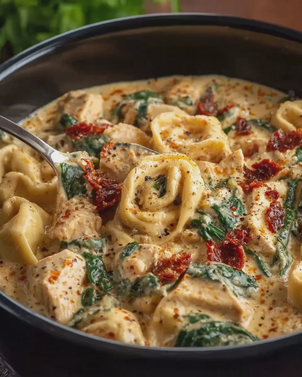 Slow Cooker Creamy Tuscan Chicken Tortellini with Turkey Bacon Delight
