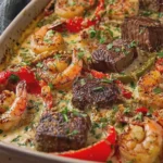 Garlic Butter Steak and Shrimp with Peppers and Creamy Sauce