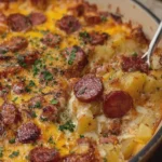 Cheesy Potato and Smoked Beef Sausage Casserole