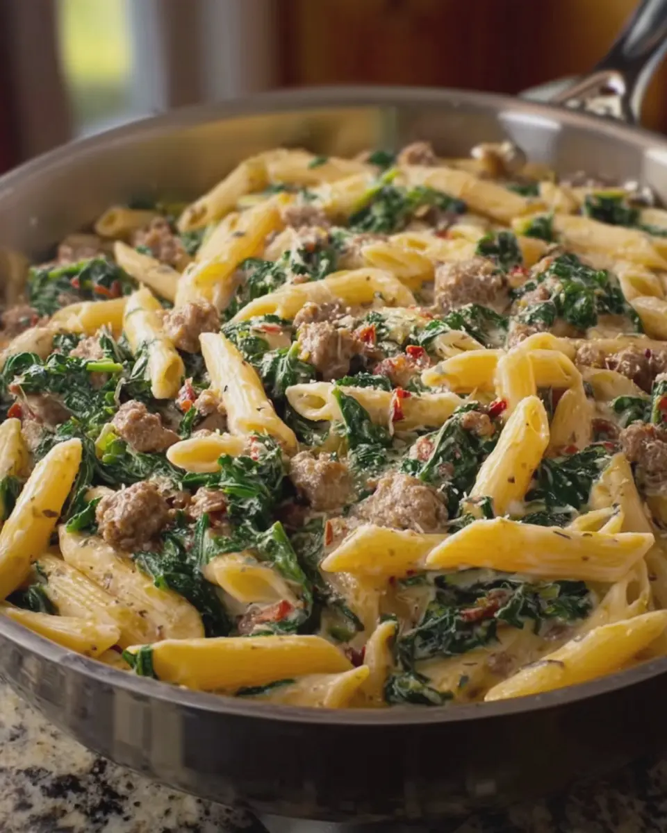 Creamy Penne with Spinach: Indulgent Italian Beef Sausage Delight