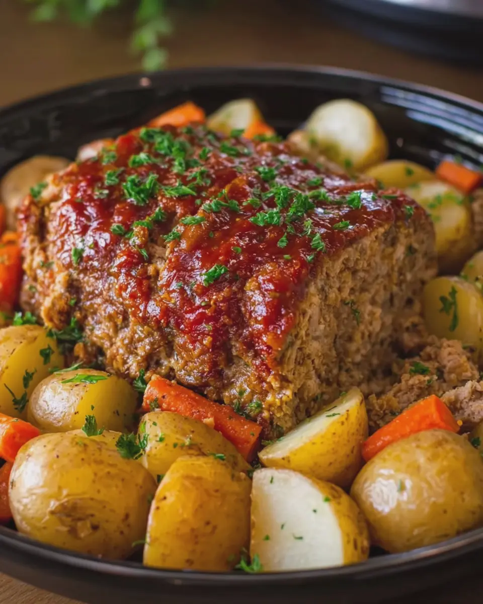 Easy Slow Cooker Meatloaf with Turkey Bacon, Potatoes, and Veggies
