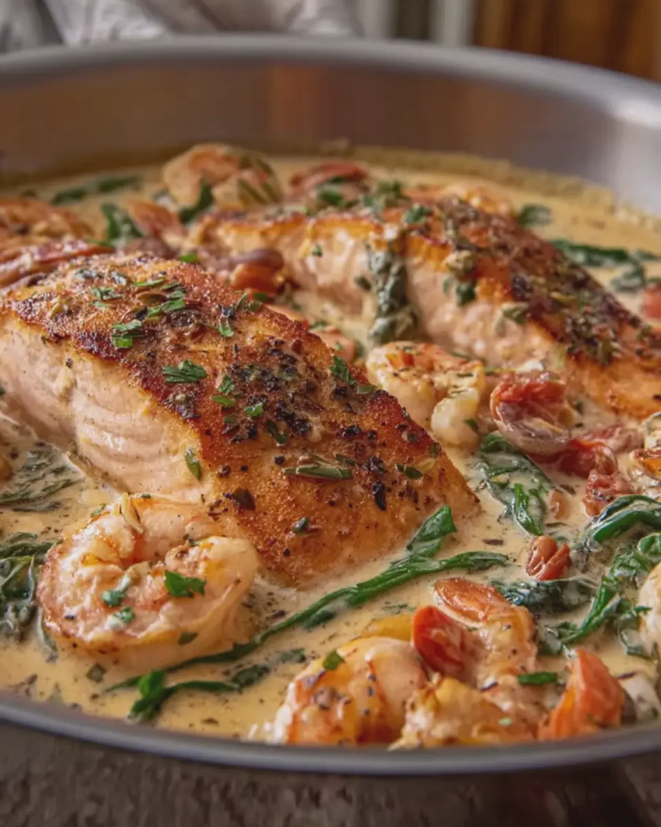 Creamy Tuscan Salmon and Shrimp Skillet – Indulgent Weeknight Delight