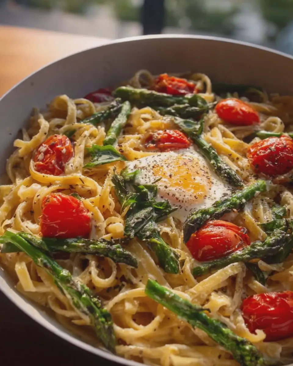One Pan Boursin Asparagus Tomato Pasta with Savory Turkey Bacon