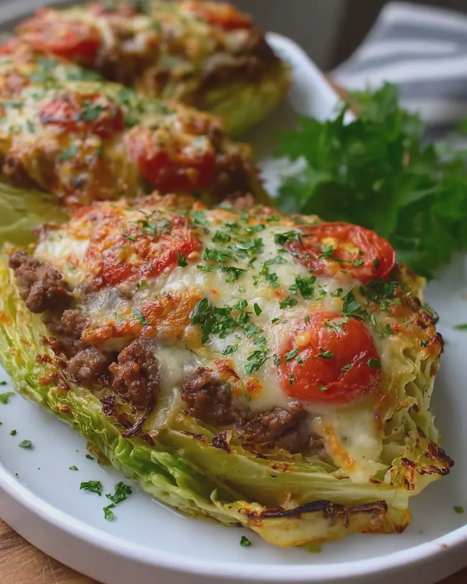 Baked Cabbage Steaks: Savory Ground Beef, Tomato, and Cheese Delight