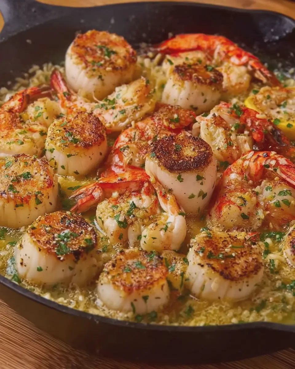 Garlic Butter Seafood Skillet: Indulgent Lobster, Shrimp, and Scallops Recipe