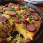 Smoked Beef Sausage and Cabbage Cornbread Skillet