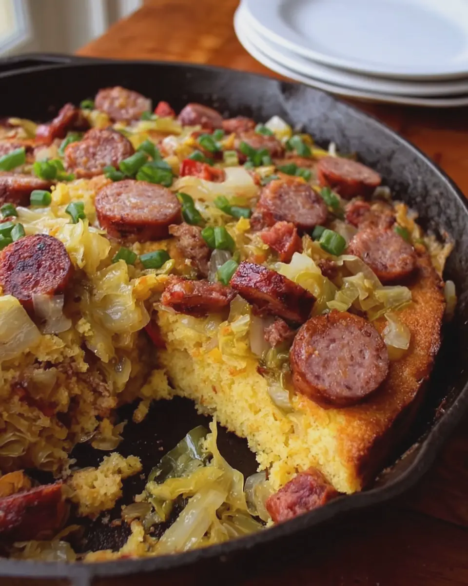Smoked Beef Sausage and Cabbage Cornbread Skillet Delight