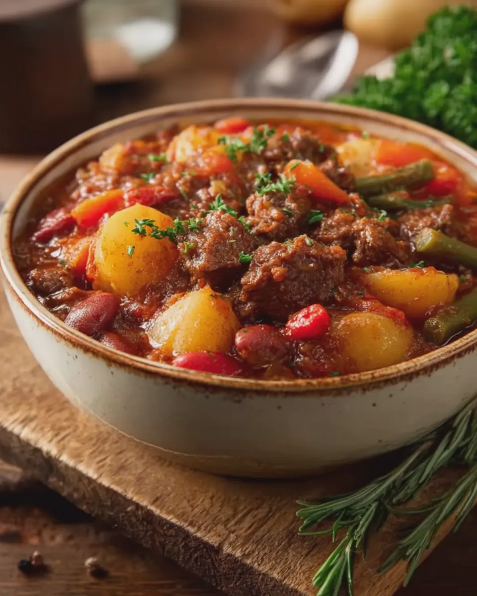 Comforting Slow Cooker Beef Stew with Turkey Bacon and Beans