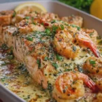 Creamy Garlic Butter Salmon and Shrimp Bake