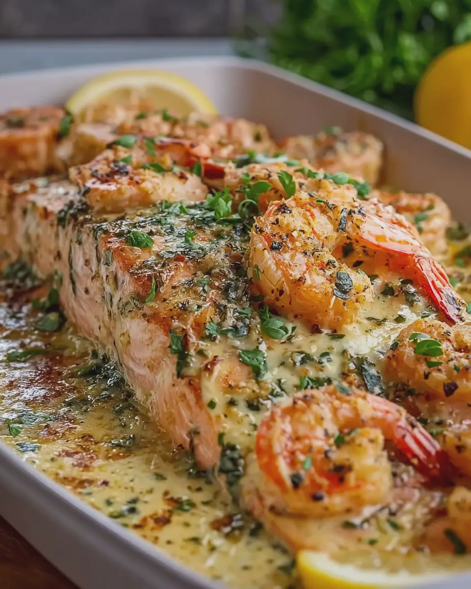 Creamy Garlic Butter Salmon and Shrimp Bake: Easy Weeknight Delight