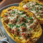 HIGH PROTEIN CHEESY SAUSAGE SPAGHETTI SQUASH