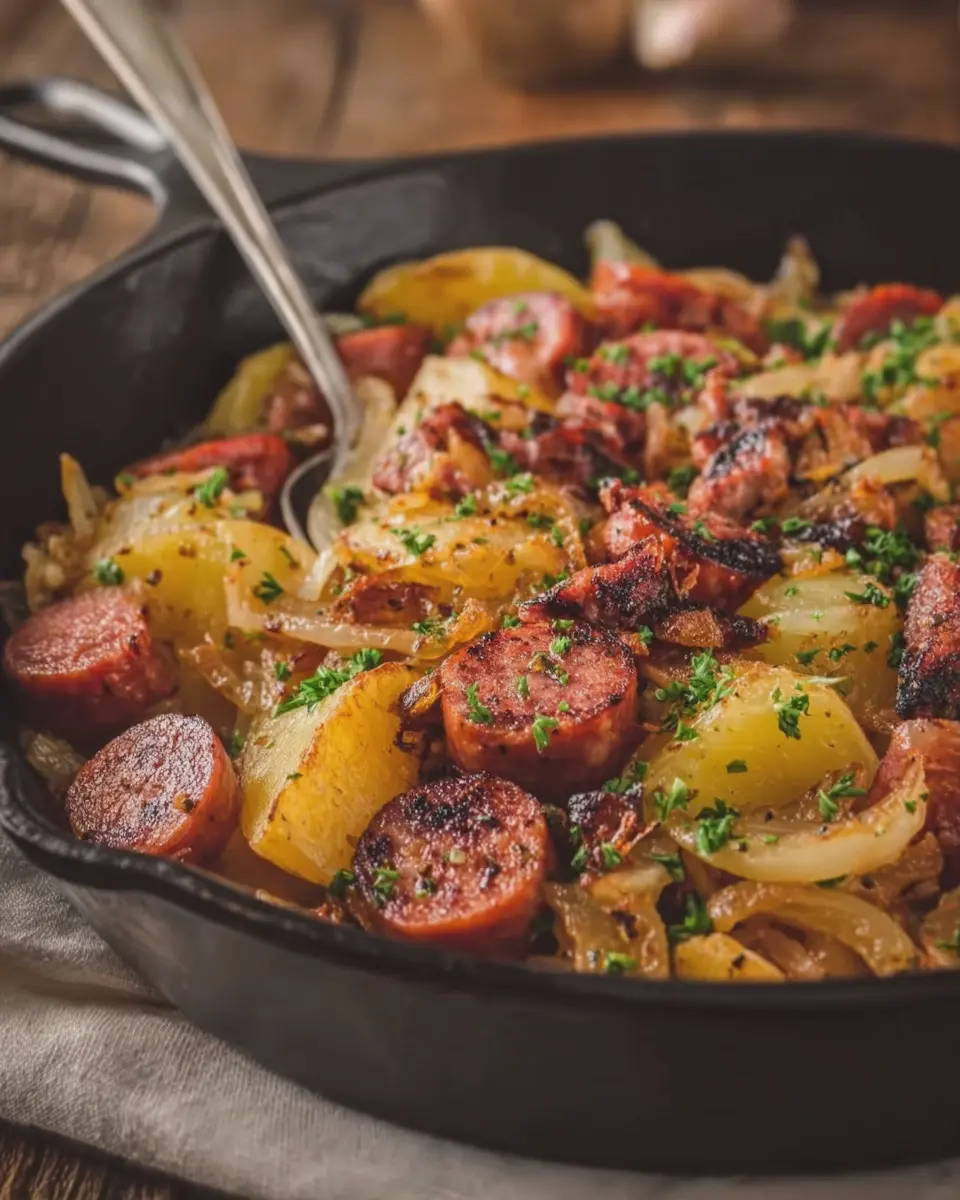 German Smokehouse Skillet: Indulgent Crispy Potatoes &amp; Smoked Beef Sausage