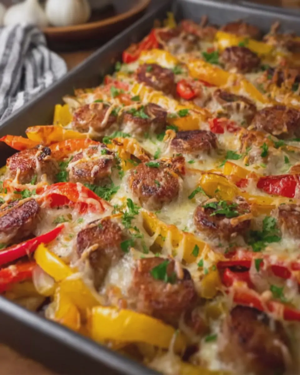 Sheet Pan Beef Sausage and Peppers with Melty Cheese Bliss