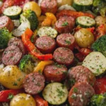 hGarlic Herb Beef Kielbasa and Veggie Sheet Pan