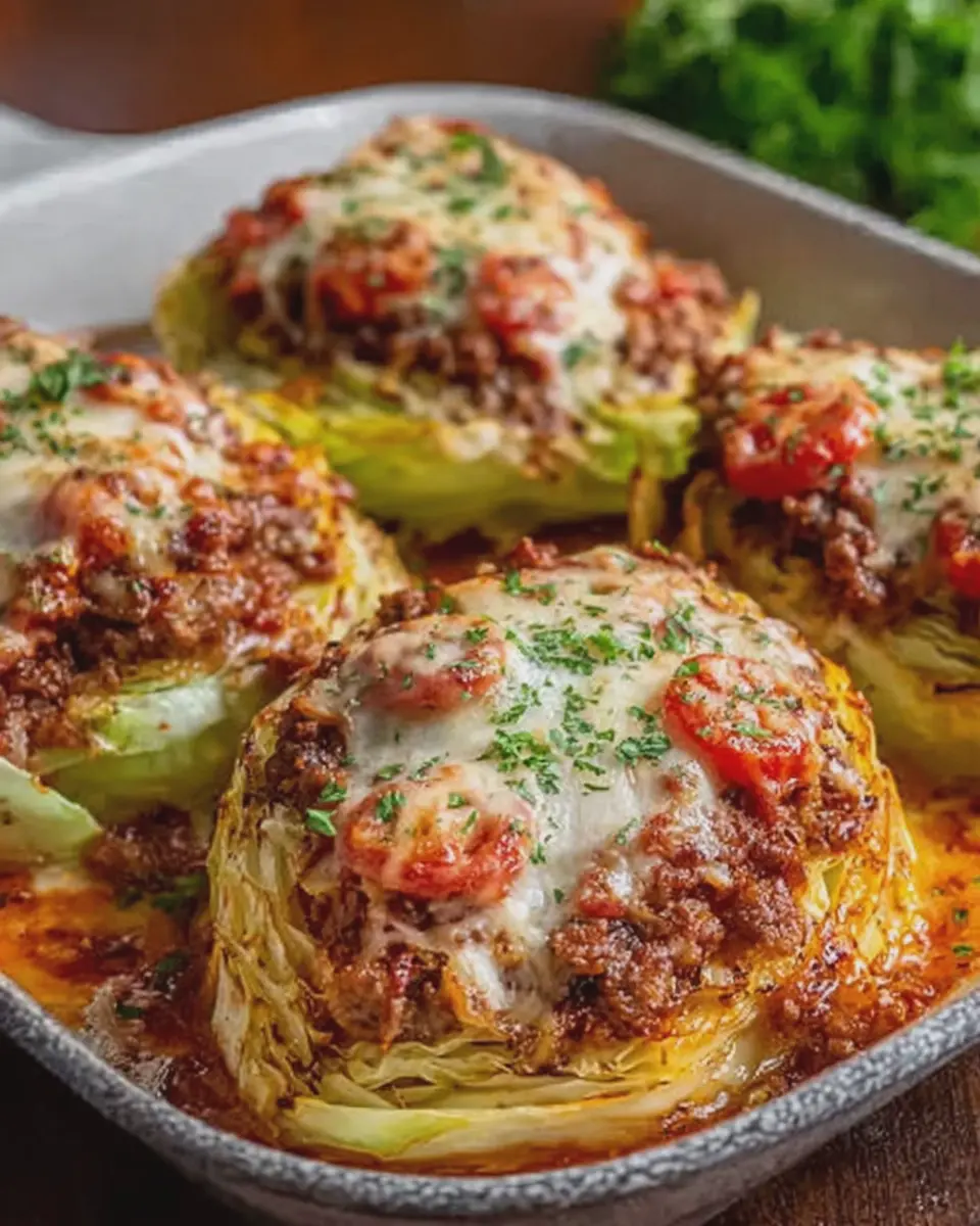 Baked Cabbage Steaks with Ground Beef, Tomato, and Cheese Delight