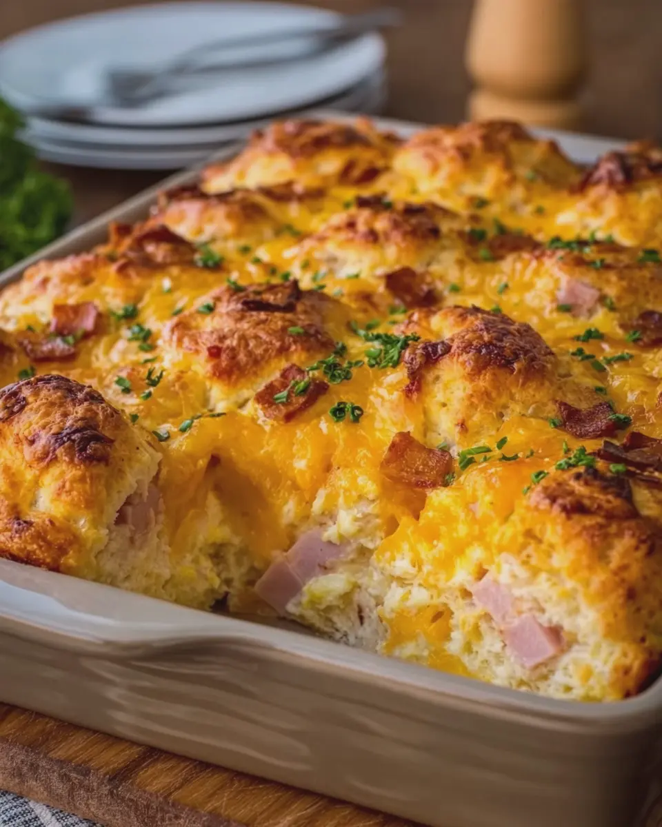Ham and Cheese Biscuit Breakfast Bake with Chicken Ham Delight