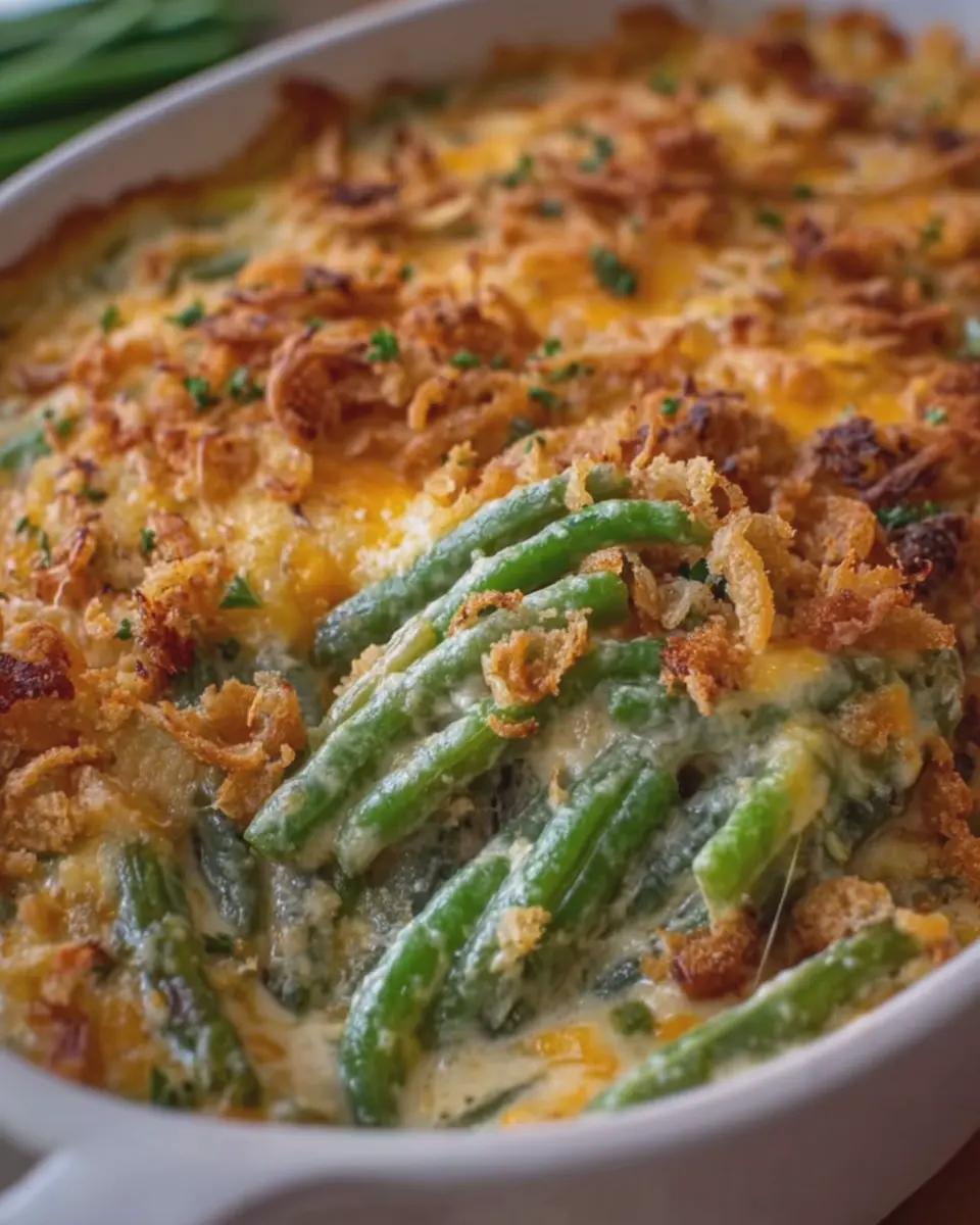 Cheddar Bay Green Bean Casserole with Turkey Bacon Delight
