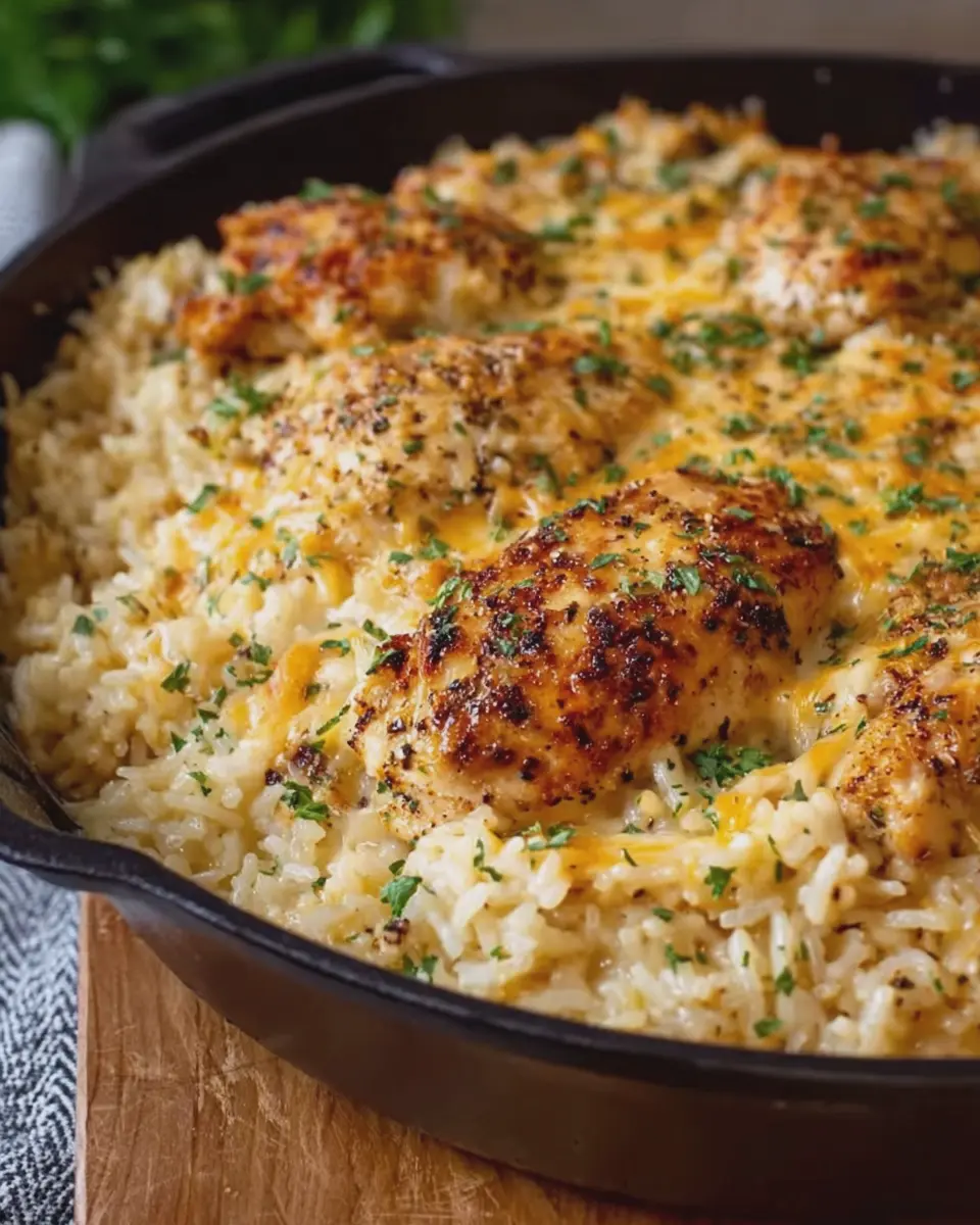 Creamy Three-Cheese Chicken and Garlic Rice Skillet Delight