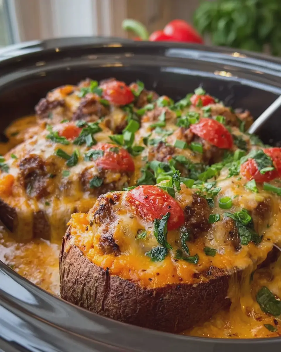 Slow Cooker BBQ Beef and Cheddar Stuffed Sweet Potatoes Delight