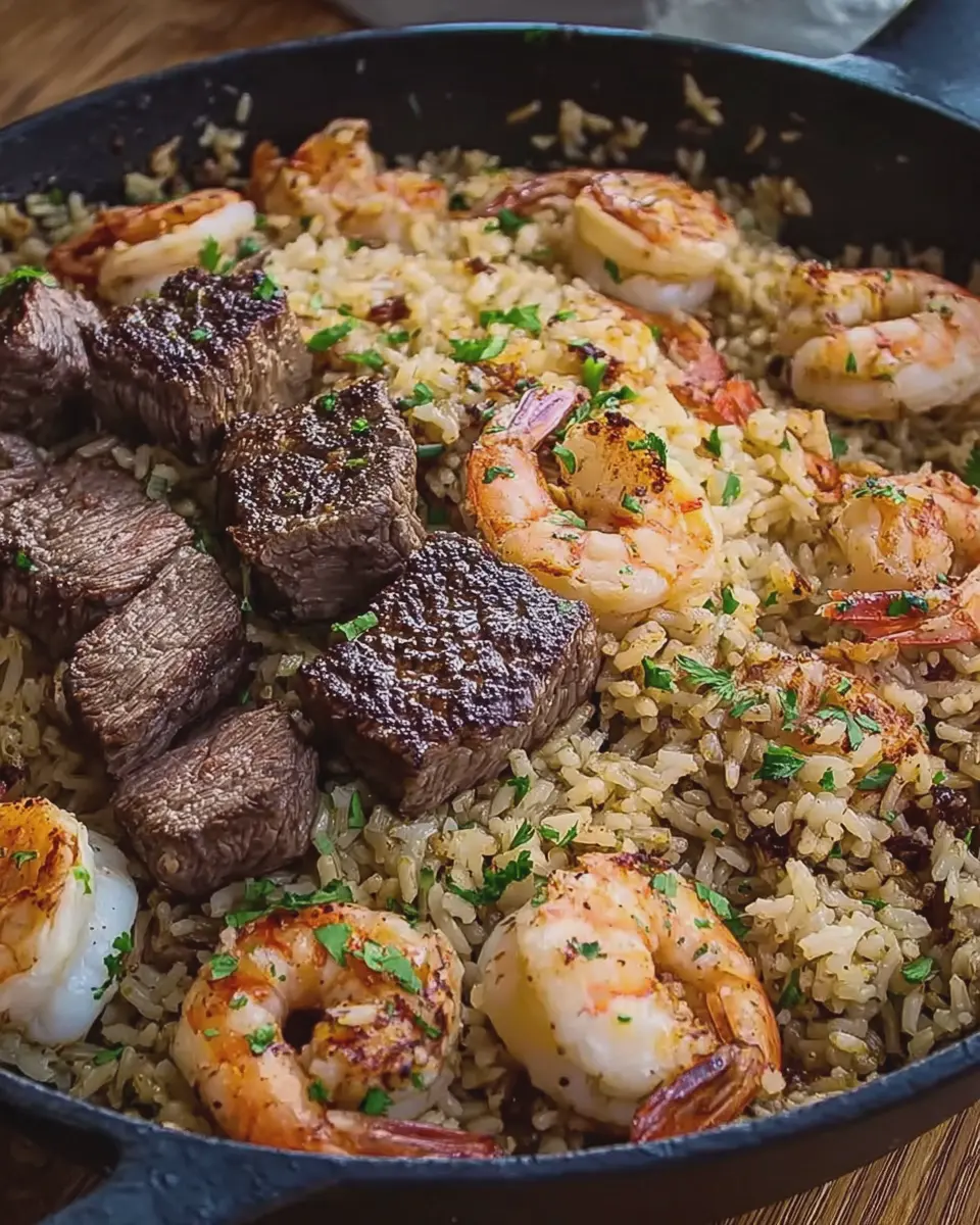 Garlic Butter Surf and Turf Loaded Rice Skillet: A Juicy Delight